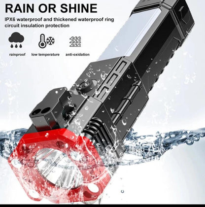 High-Power LED Torch Light – Rechargeable Flashlight with Tactical Hammer & Power Bank