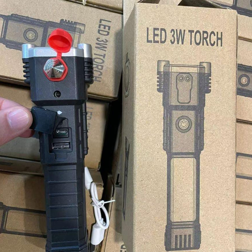 High-Power LED Torch Light – Rechargeable Flashlight with Tactical Hammer & Power Bank