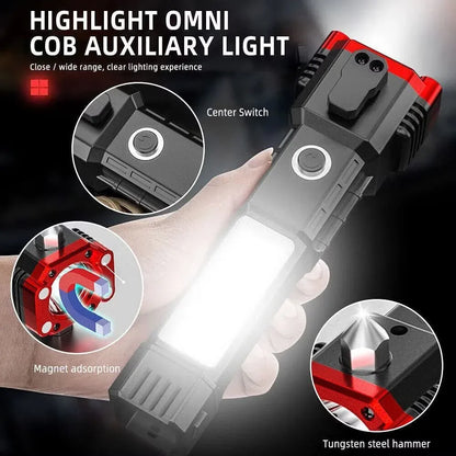 High-Power LED Torch Light – Rechargeable Flashlight with Tactical Hammer & Power Bank