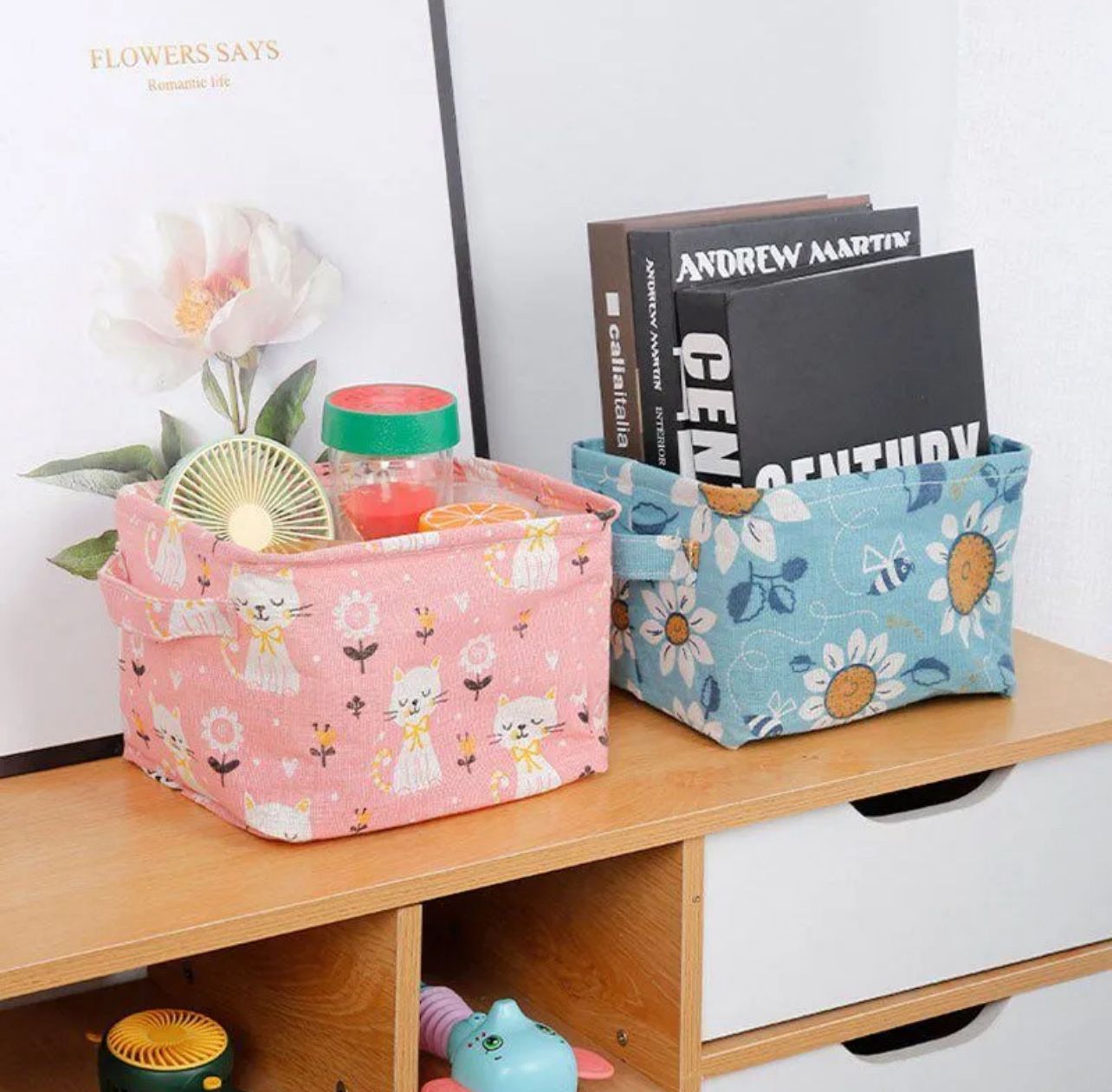 Foldable Desktop Storage Basket – Waterproof Cotton Linen Organizer with Handles