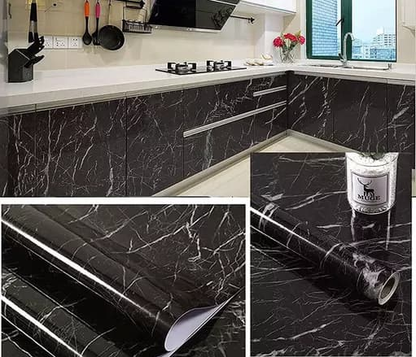 Self-Adhesive Black Marble Sheet – Waterproof PVC Kitchen & Home Décor Film